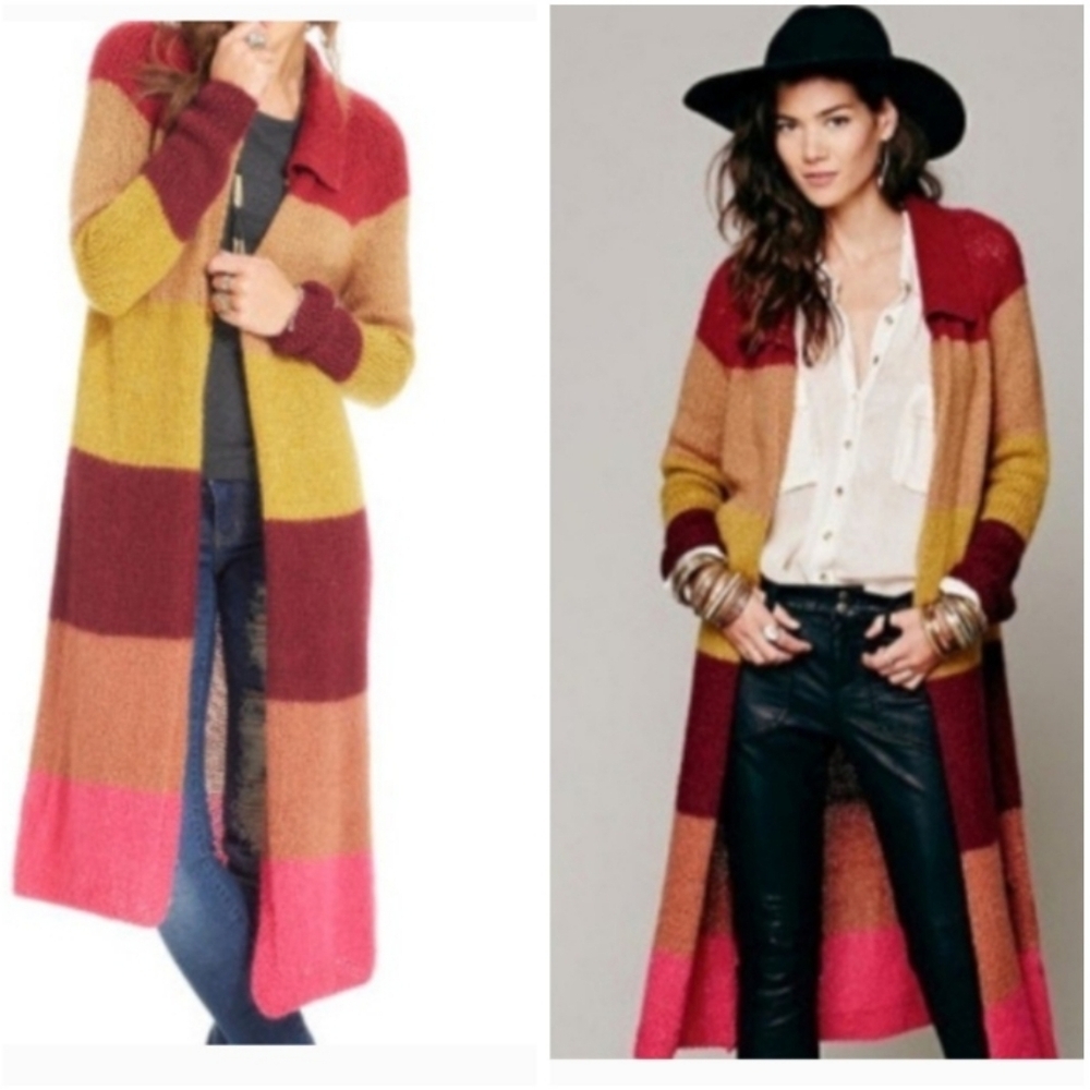 Free People Over The Rainbow Multicolor Long Striped Cardigan Sweater Large
